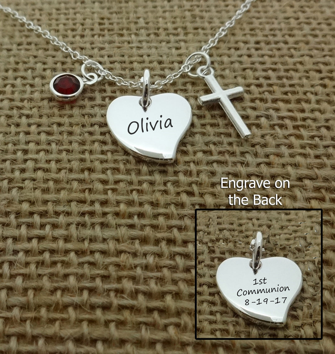 First Communion Heart Gift for Girls, Holy Communion Jewelry Kids, Confirmation Gift, Cross Name Date Necklace