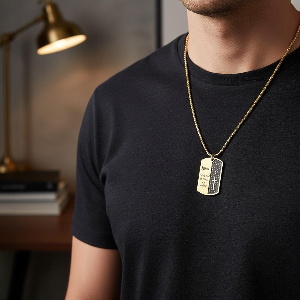 Personalized Custom Bible Verse Men's Necklace, Customize Men's Stainless Steel Necklace, Faith Dog Tag Necklace with Cross Necklace