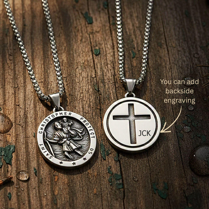 St Christopher Oval Medal Necklace, Mens Gifts, Protection Medal Necklace, Waterproof Saint Christopher Necklace