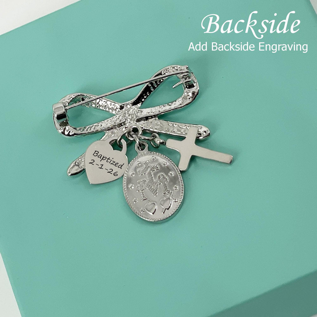 Custom Baptism Gift, Catholic Baby Protection Pin, Cross & Miraculous Medal with Initial Brooch, Virgin Mary Charm, Newborn blessing Gift