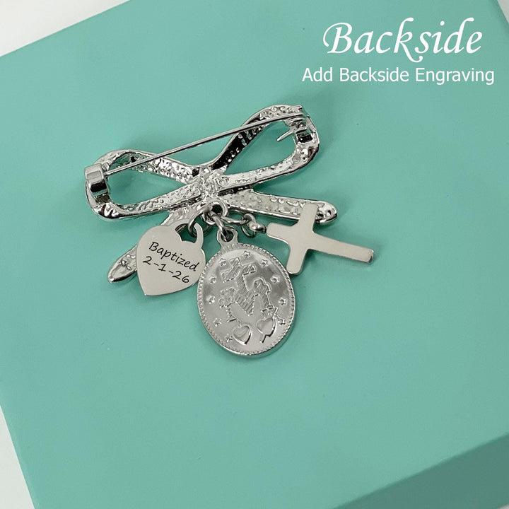 Custom Baptism Gift, Catholic Baby Protection Pin, Cross & Miraculous Medal with Initial Brooch, Virgin Mary Charm, Newborn blessing Gift