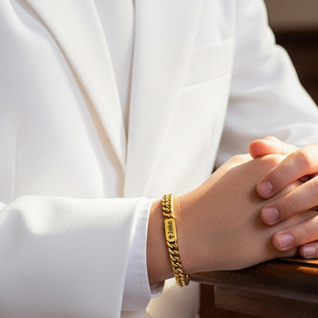 Boys First Communion Bracelet ADJUSTABLE, First Holy Communion Bracelet, Confirmation Gift, Cross Name Date Necklace, 1st Communion Gift