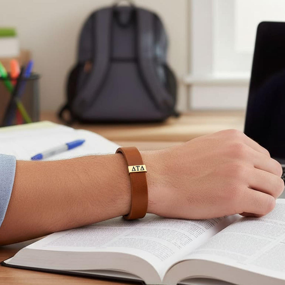 Delta Tau Delta Leather Bracelet, Fraternity Gift, DTD Jewelry, Genuine Leather, ΔΤΔ