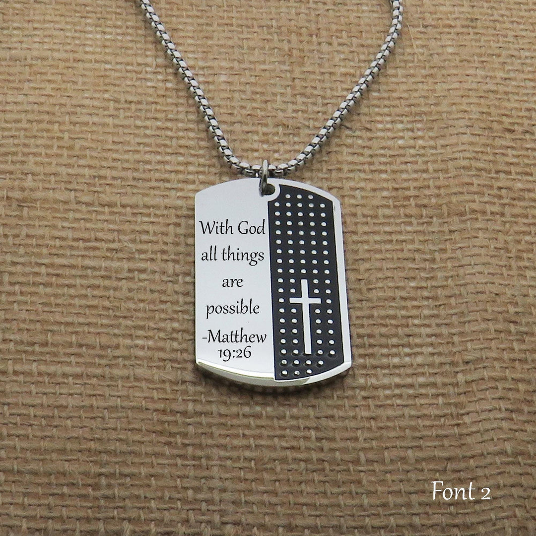 Personalized Custom Bible Verse Men's Necklace, Customize Men's Stainless Steel Necklace, Faith Dog Tag Necklace with Cross Necklace