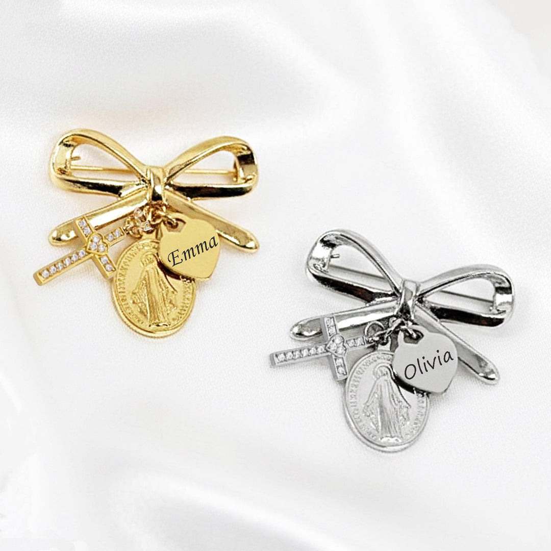 Custom Baptism Gift, Catholic Baby Protection Pin, Cross & Miraculous Medal with Initial Brooch, Virgin Mary Charm, Newborn blessing Gift
