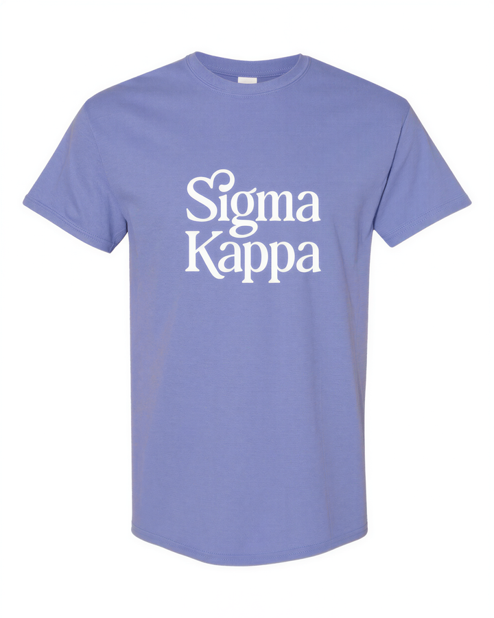 A light purple t-shirt with the text "Sigma Kappa" printed on it in white lettering.