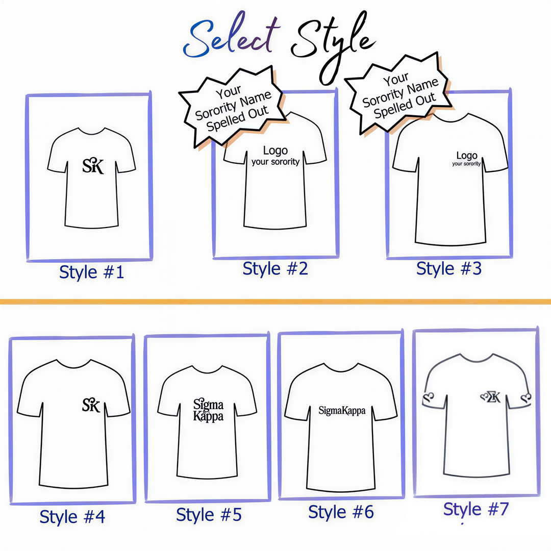a selection of t-shirt designs with various styles and logos, including a "Sorority Name Spelled Out" option.