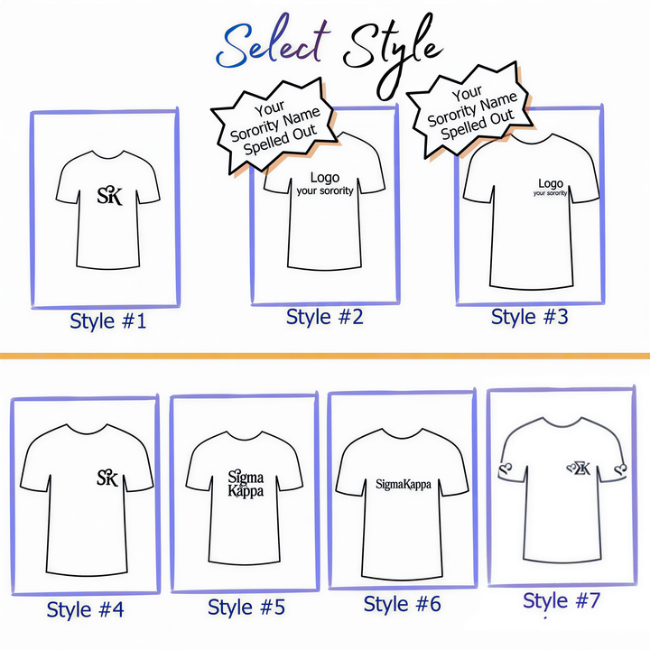 a selection of t-shirt designs with various styles and logos, including a "Sorority Name Spelled Out" option.
