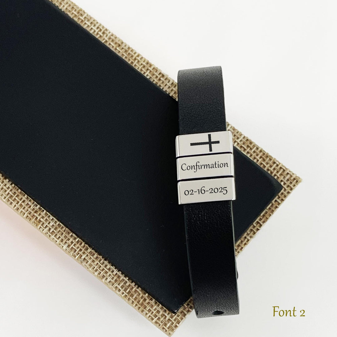 Boys Confirmation Bracelet ADJUSTABLE, Religious Leather Bracelet, First Communion Gift, Cross Name Date Necklace, Baptism Gift