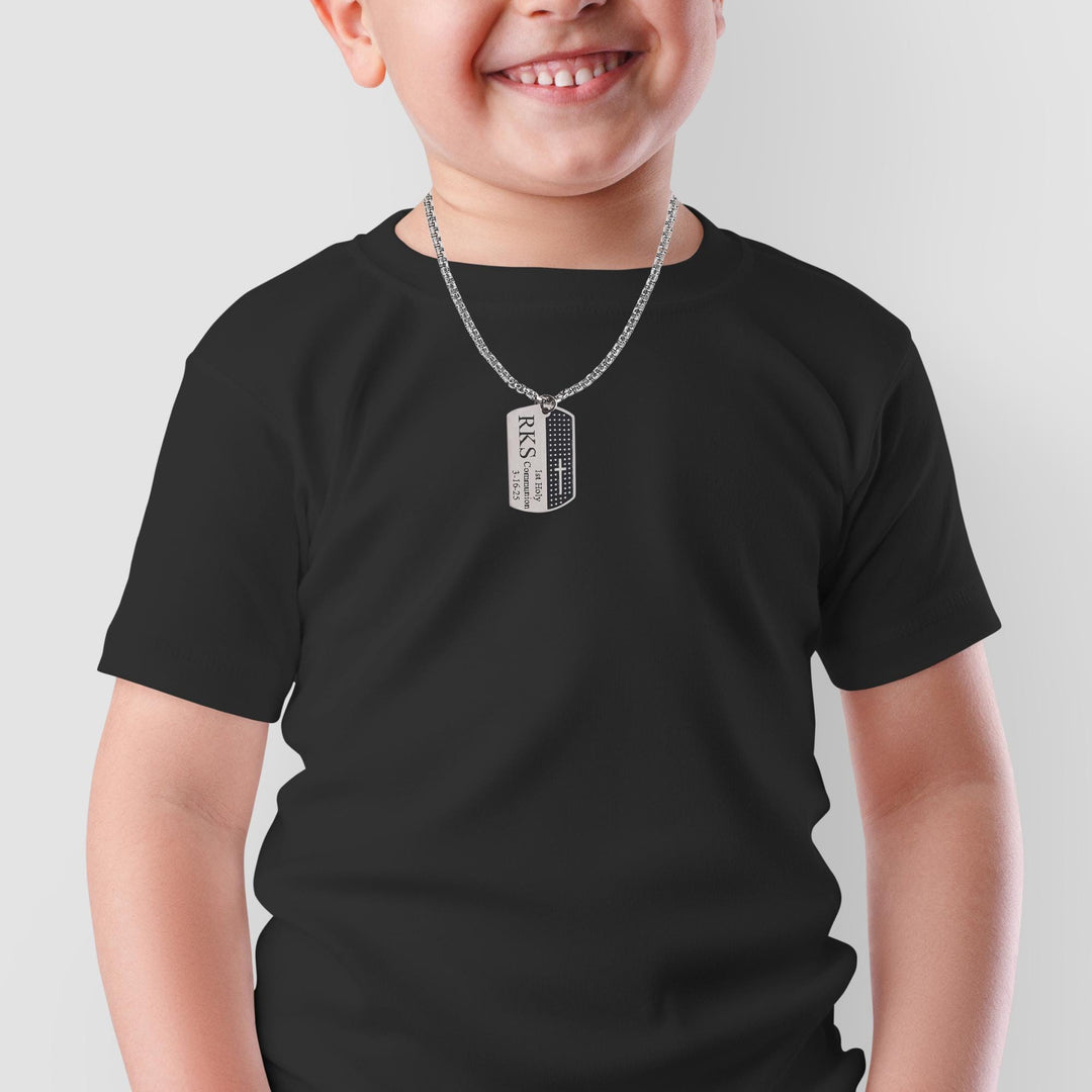 Boys Men First Communion Necklace, First Holy Communion Jewelry, Boy Men Confirmation Gift, Cross Name Date Necklace, 1st Communion Gift - Tag