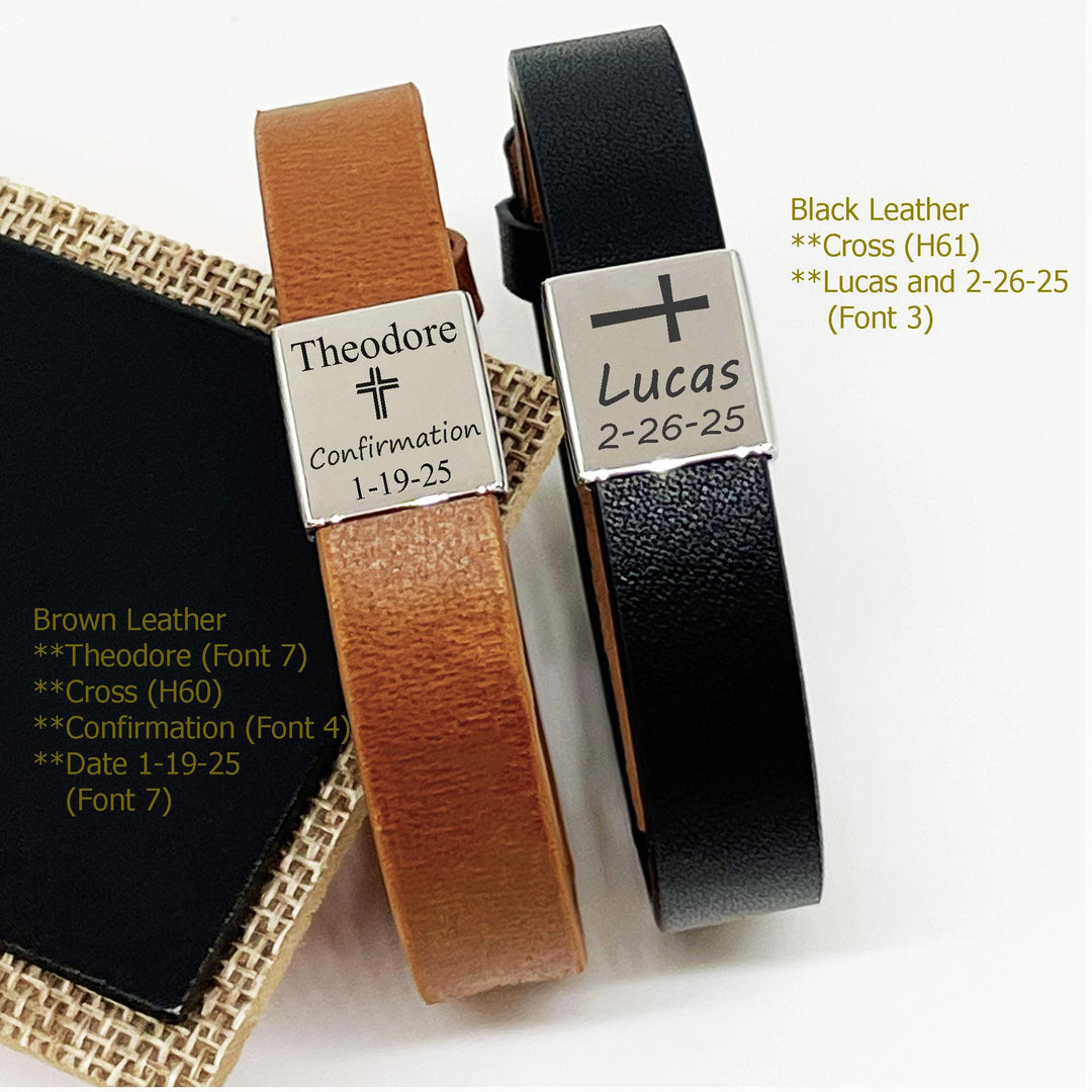 Boys Confirmation Bracelet ADJUSTABLE, Religious Leather Bracelet, First Communion Gift, Cross Name Date Necklace, Baptism Gift