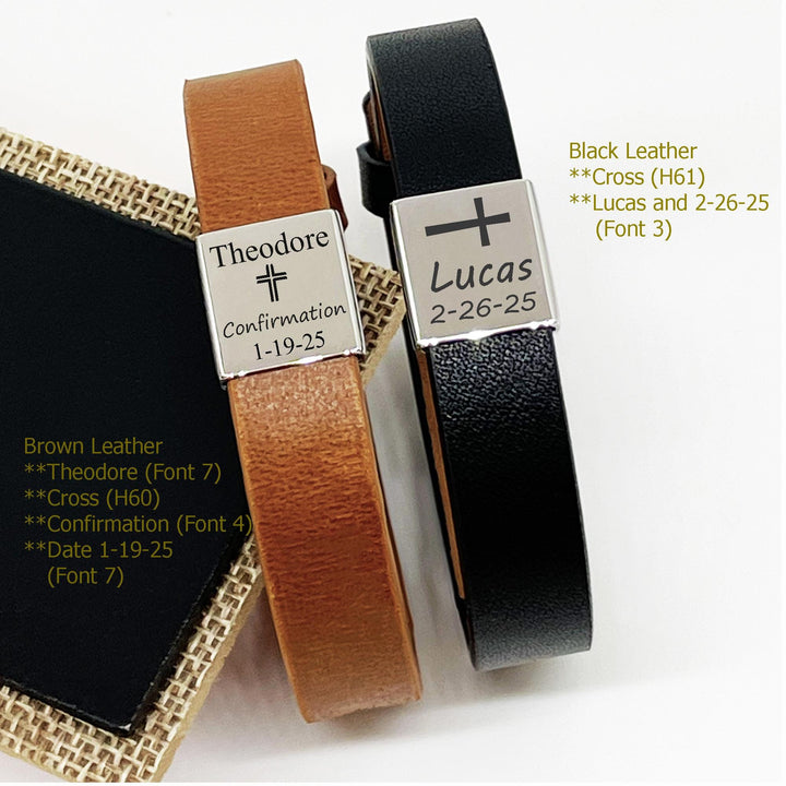Boys Confirmation Bracelet ADJUSTABLE, Religious Leather Bracelet, First Communion Gift, Cross Name Date Necklace, Baptism Gift