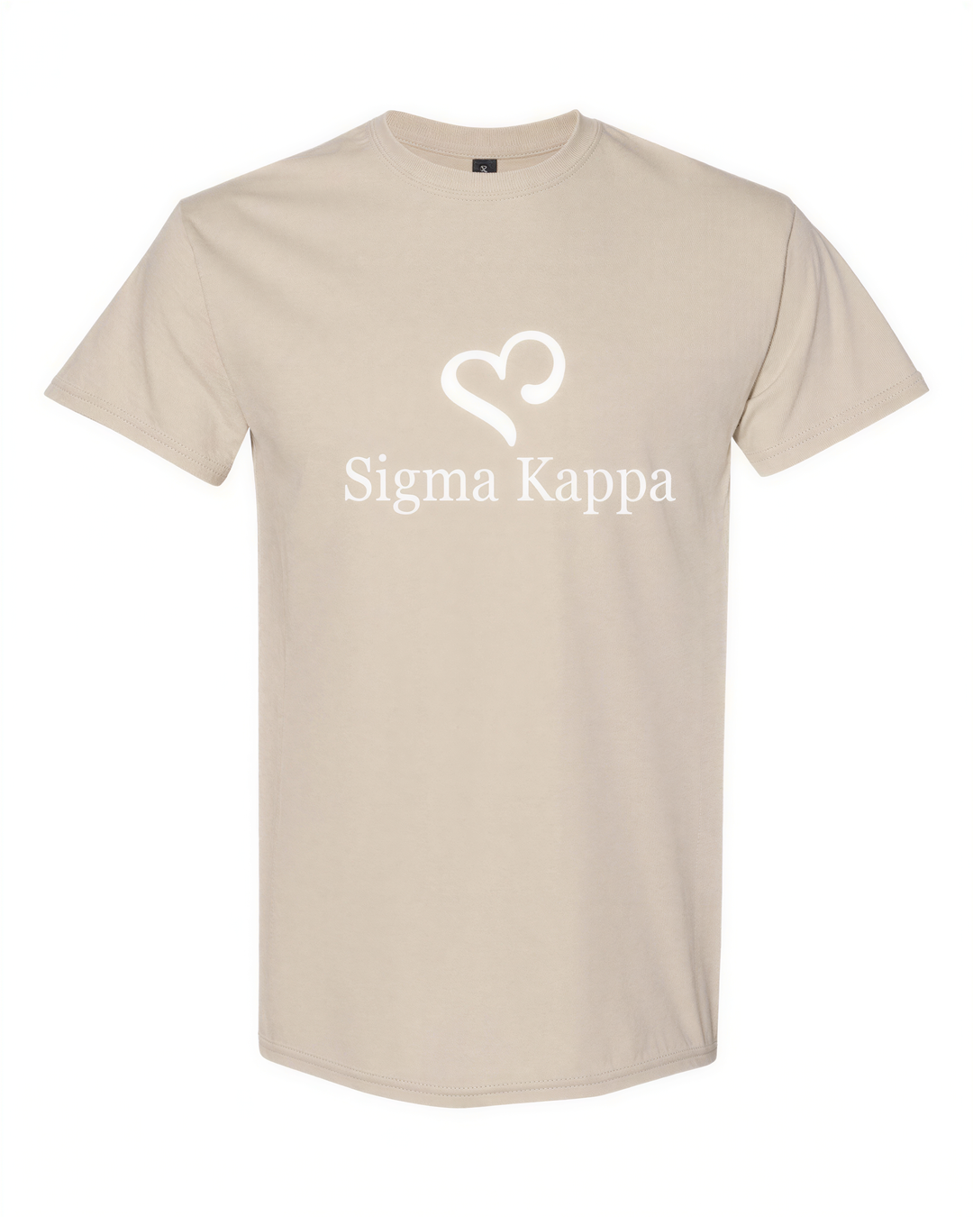 A beige t-shirt with the text "Sigma Kappa" printed on it.