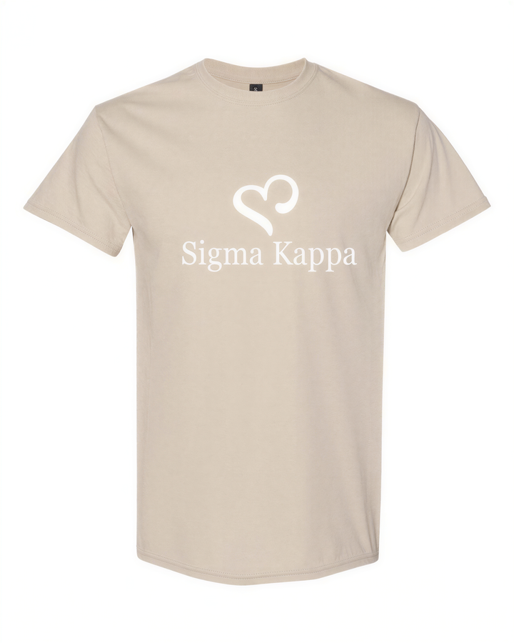 A beige t-shirt with the text "Sigma Kappa" printed on it.