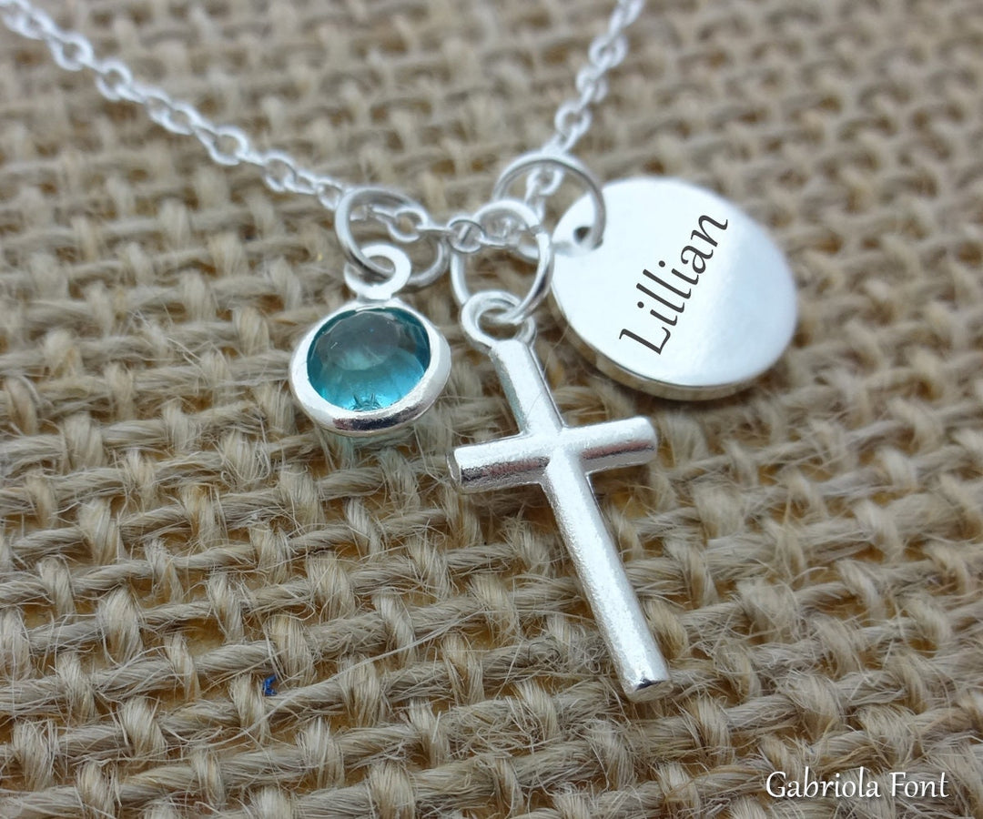 First Communion Necklace, Personalized 1st Holy Communion Jewelry, Confirmation Gift, Cross Birthstone Name Date Gift