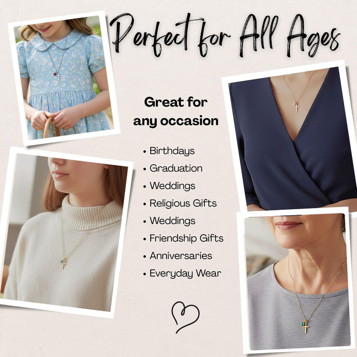 The image is a collage of four photos featuring people wearing necklaces, with text overlaying the collage.