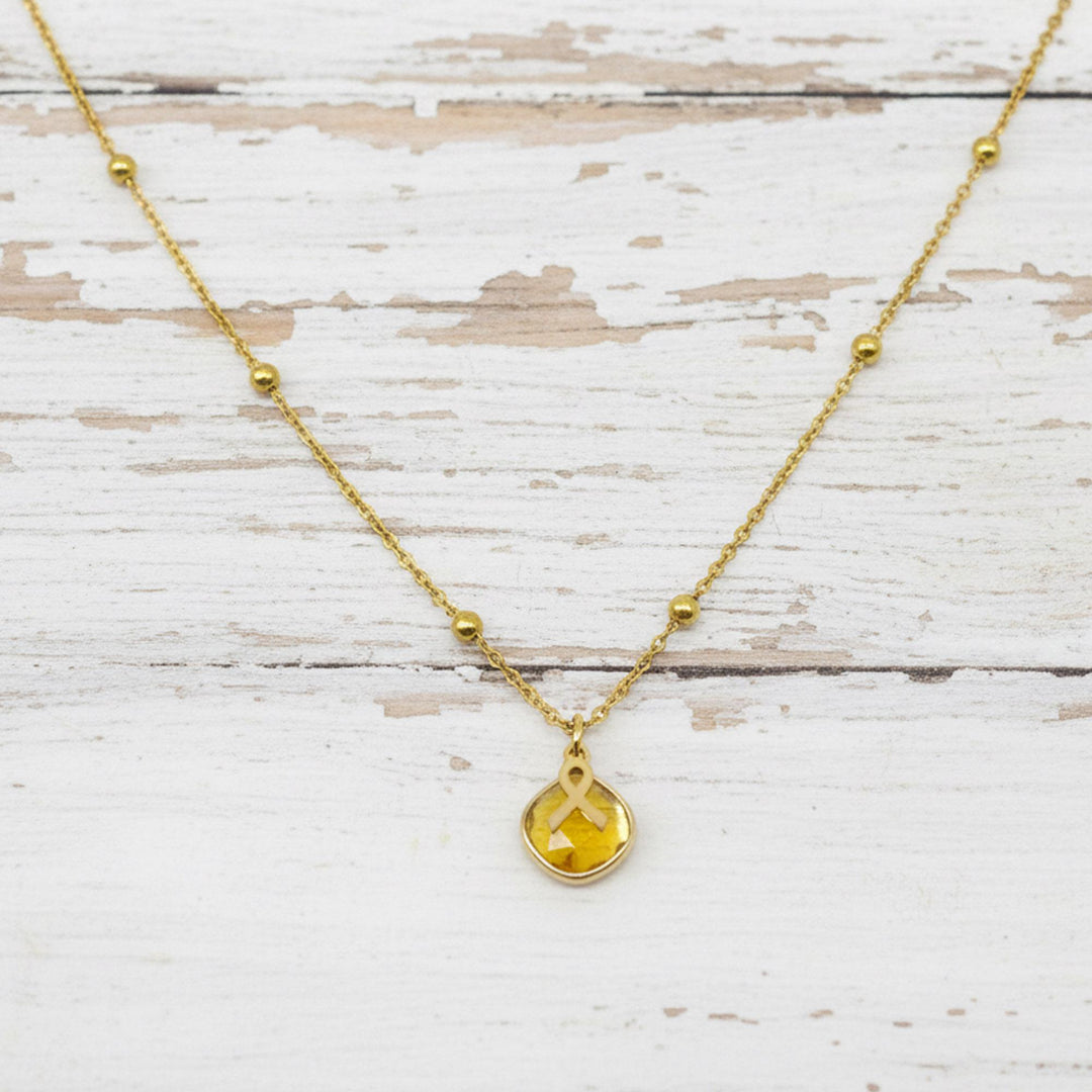 Yellow Ribbon Awareness Necklace, Yellow Birthstone Pendant 5/8in.
