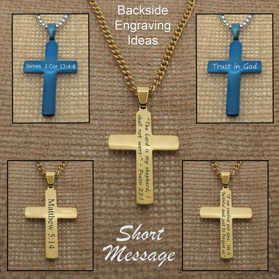 The image is a collage of four photographs featuring a gold cross pendant with engraved Bible verse text.