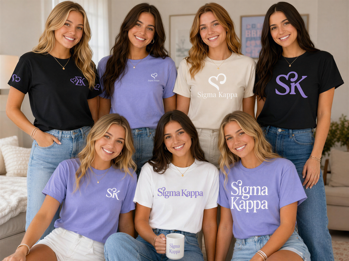 A group of seven young women wearing Sigma Kappa t-shirts posing together for a photo.