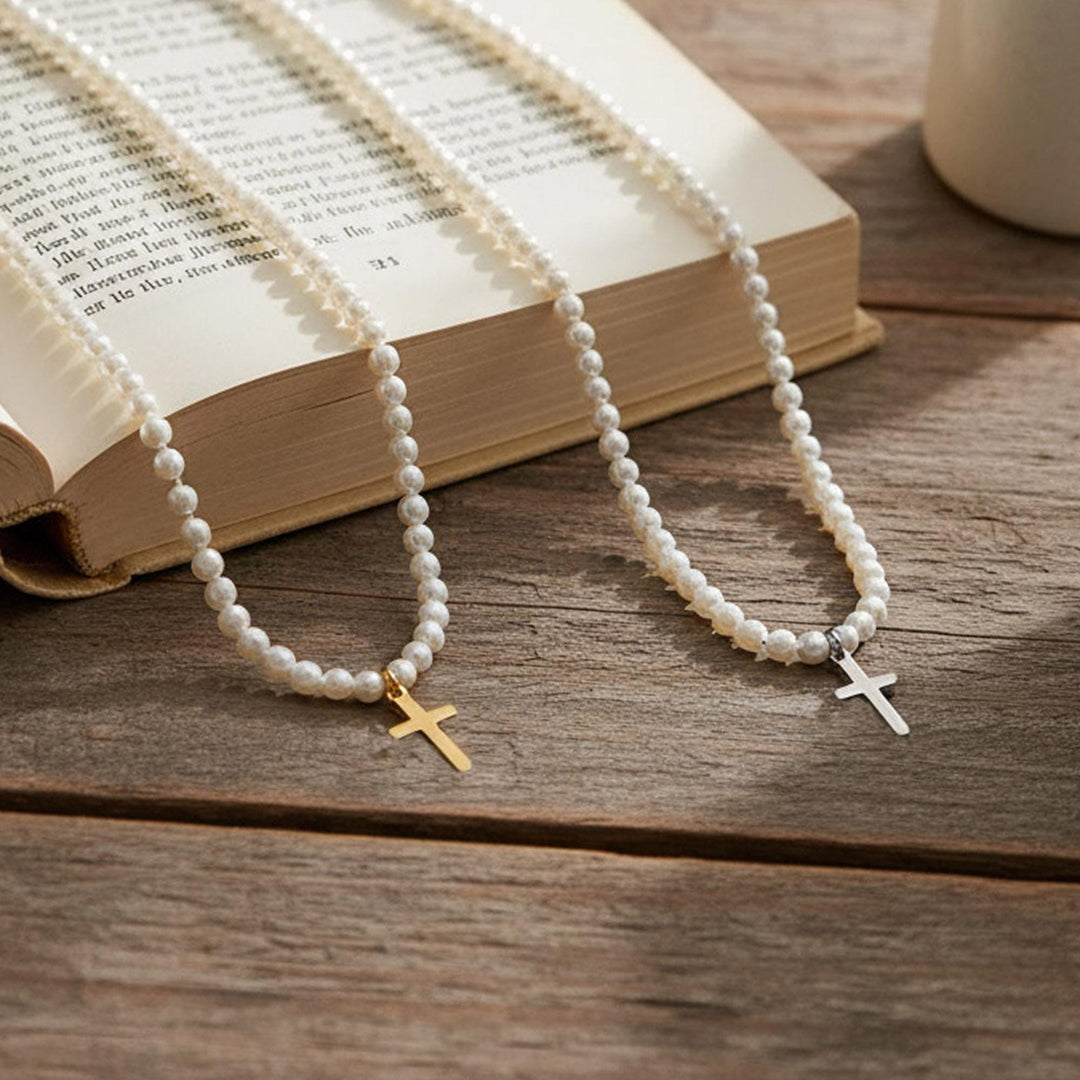 Pearl Cross Pendant Gold Necklace, First Communion Jewelry, Baptism Gift, Religious Keepsake, Elegant Girls Accessory