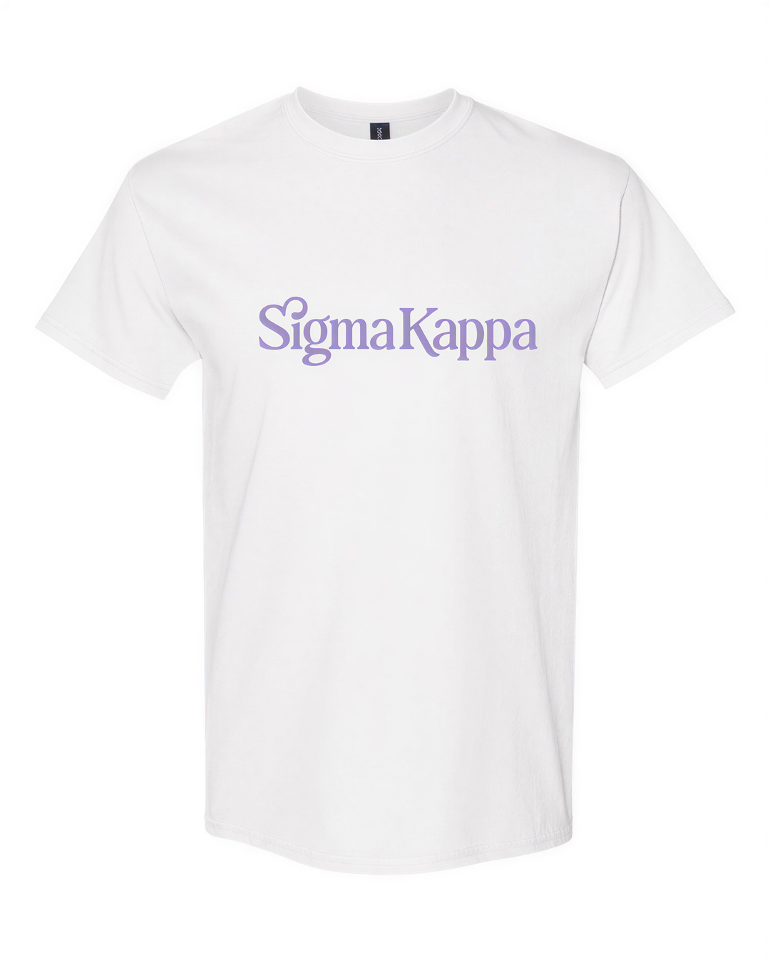 A white t-shirt with the text "Sigma Kappa" printed in purple letters.
