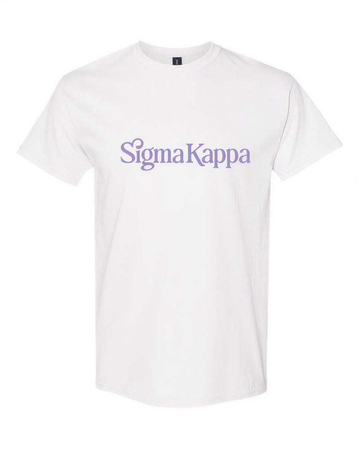 A white t-shirt with the text "Sigma Kappa" printed in purple letters.