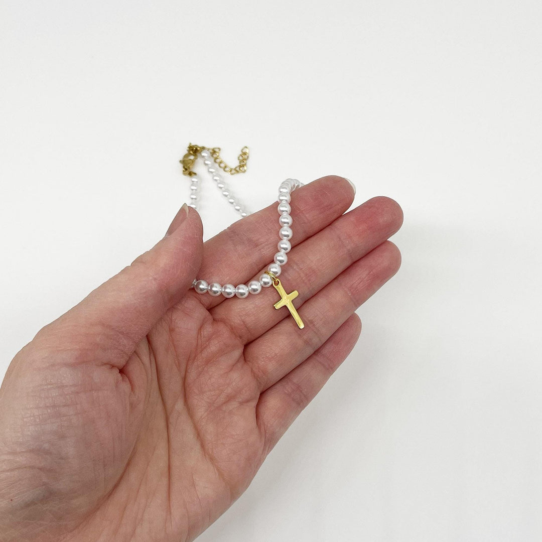 Pearl Cross Pendant Gold Necklace, First Communion Jewelry, Baptism Gift, Religious Keepsake, Elegant Girls Accessory