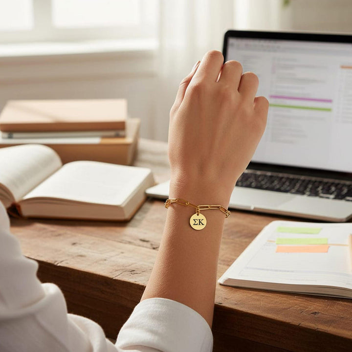A person's hand wearing a bracelet with a charm is holding up their hand in front of a laptop computer on a desk.