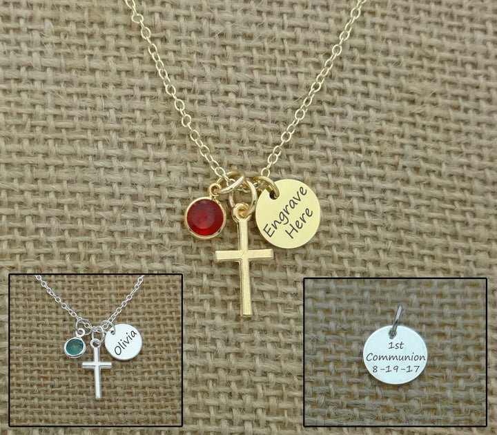 First Communion Necklace, First Holy Communion Jewelry, Confirmation Gift, Cross Name Date Necklace, 1st Holy Communion Gift
