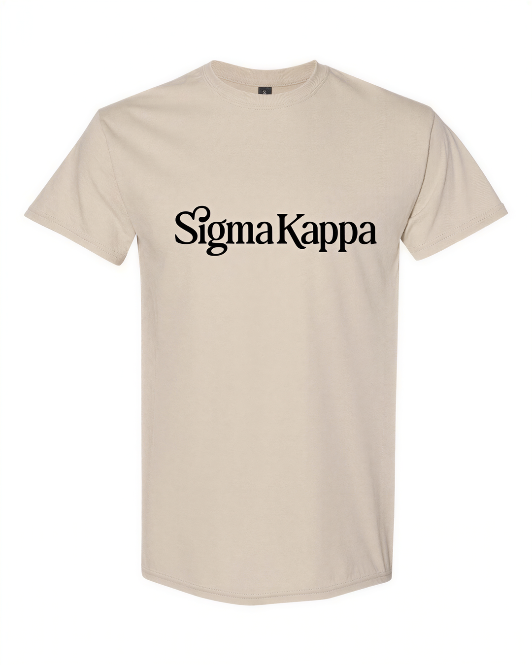 A beige t-shirt with the text "Sigma Kappa" printed on it.