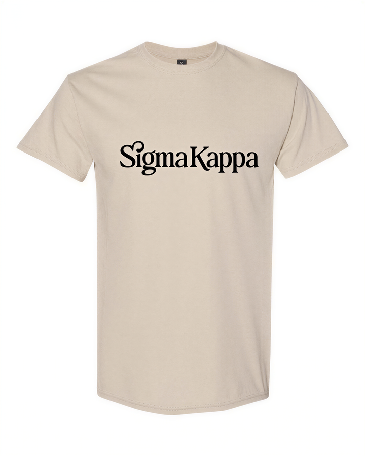 A beige t-shirt with the text "Sigma Kappa" printed on it.