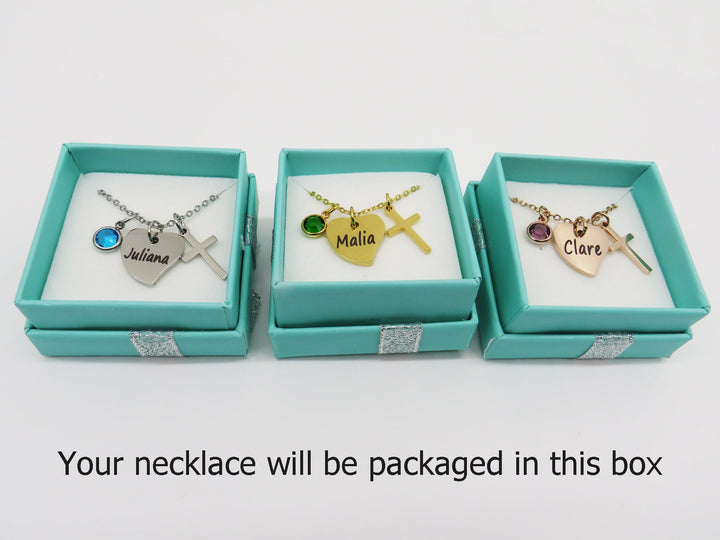 First Communion Heart Gift for Girls, Holy Communion Jewelry Kids, Confirmation Gift, Cross Name Date Necklace