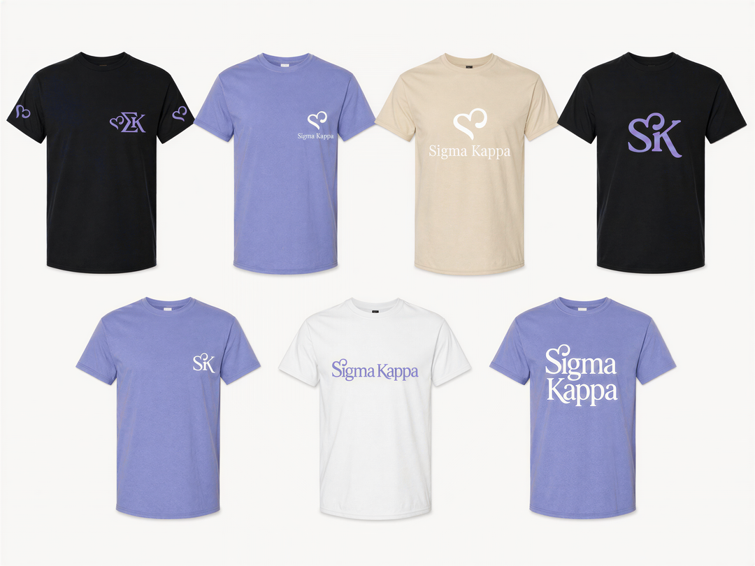 a collection of seven t-shirts, each with a different color and design, arranged in a grid-like pattern.