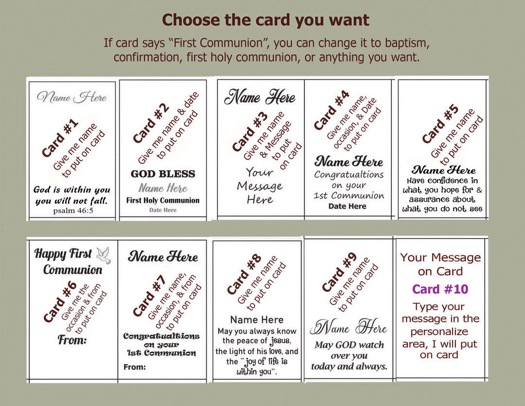 a collection of cards with various messages and names, including a "First Communion" card. The cards are arranged in a grid format, and the text on the cards is not too long, avoiding redundancy and focusing on the content of the messages.