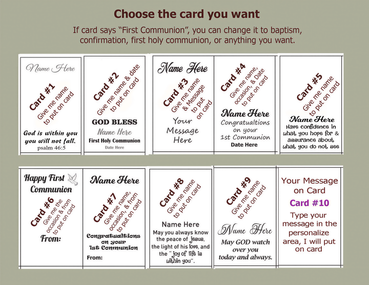 a collection of cards with various messages and names, including a "First Communion" card. The cards are arranged in a grid format, and the text on the cards is not too long, avoiding redundancy and focusing on the content of the messages.