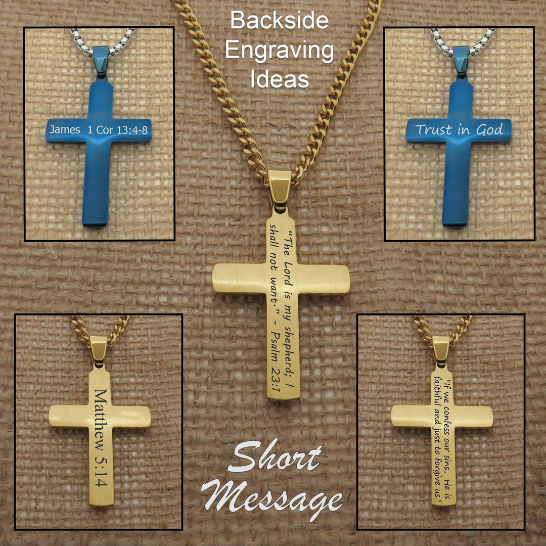 The image is a collage of four photographs featuring a gold cross pendant with engraved Bible verse text.