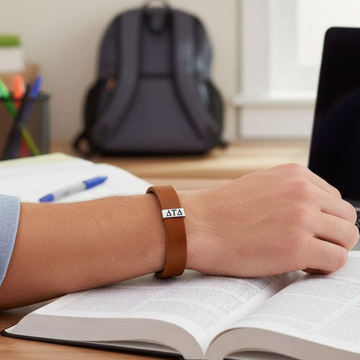 Delta Tau Delta Leather Bracelet, Fraternity Gift, DTD Jewelry, Genuine Leather, ΔΤΔ