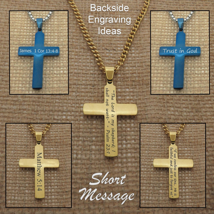 The image is a collage of four photographs featuring a gold cross pendant with engraved Bible verse text.