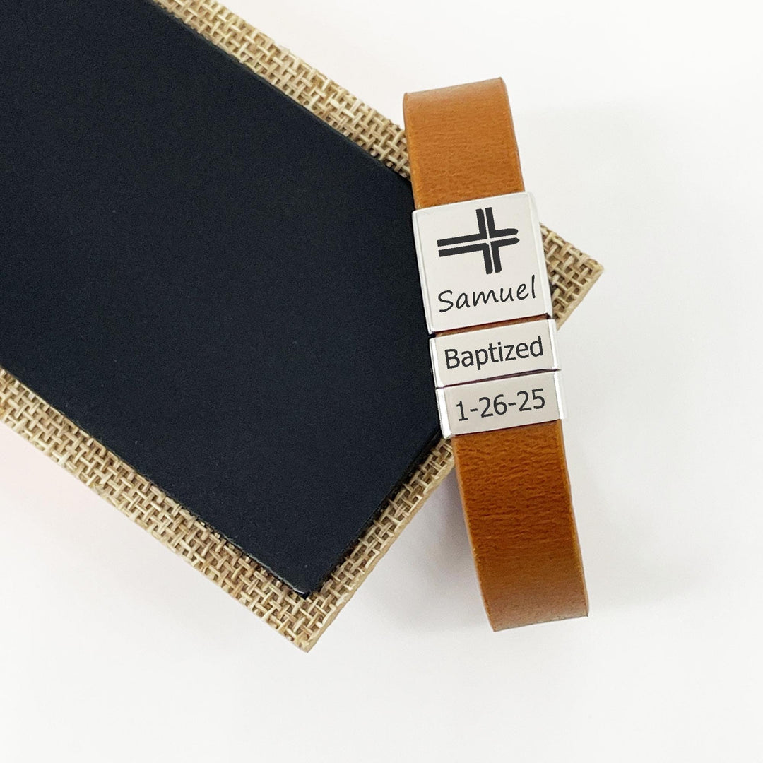 Boys Confirmation Bracelet ADJUSTABLE, Religious Leather Bracelet, First Communion Gift, Cross Name Date Necklace, Baptism Gift