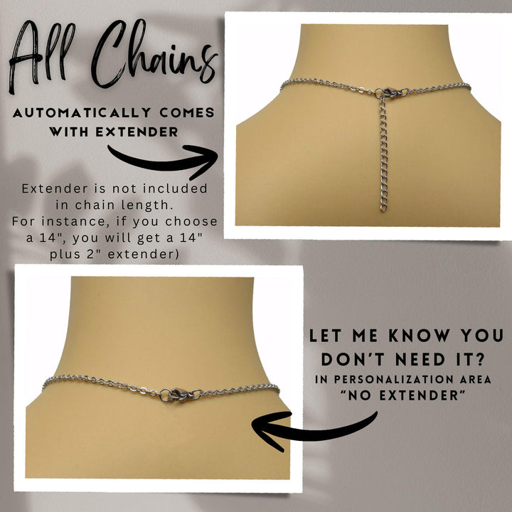 The image is a collage of two photos showing the neck of a person wearing a necklace with an automatic chain extender. The text explains that the automatic chain extender is not included in the chain length and that if the person chooses a 14-inch chain, they will get a 14-inch plus 2-inch extender. The text also suggests that the person should know they don't need an automatic chain extender in the personalization area, as it is labeled as "NO EXTENDER".