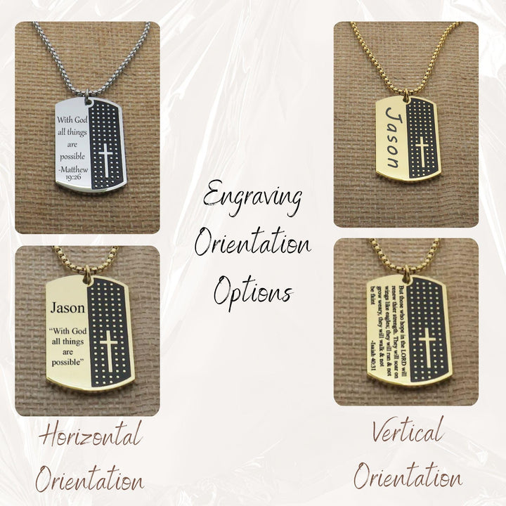 Personalized Custom Bible Verse Men's Necklace, Customize Men's Stainless Steel Necklace, Faith Dog Tag Necklace with Cross Necklace
