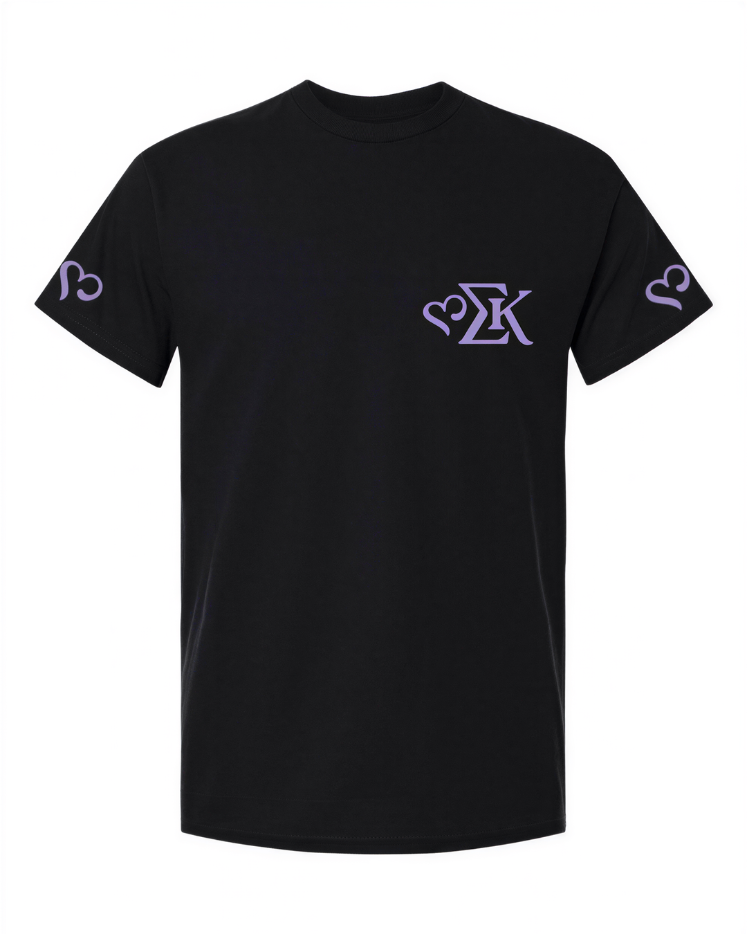 A black t-shirt with a purple logo on the left side.