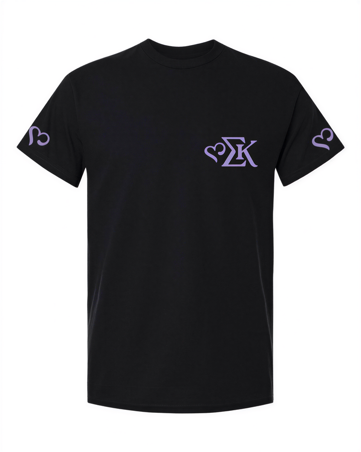 A black t-shirt with a purple logo on the left side.
