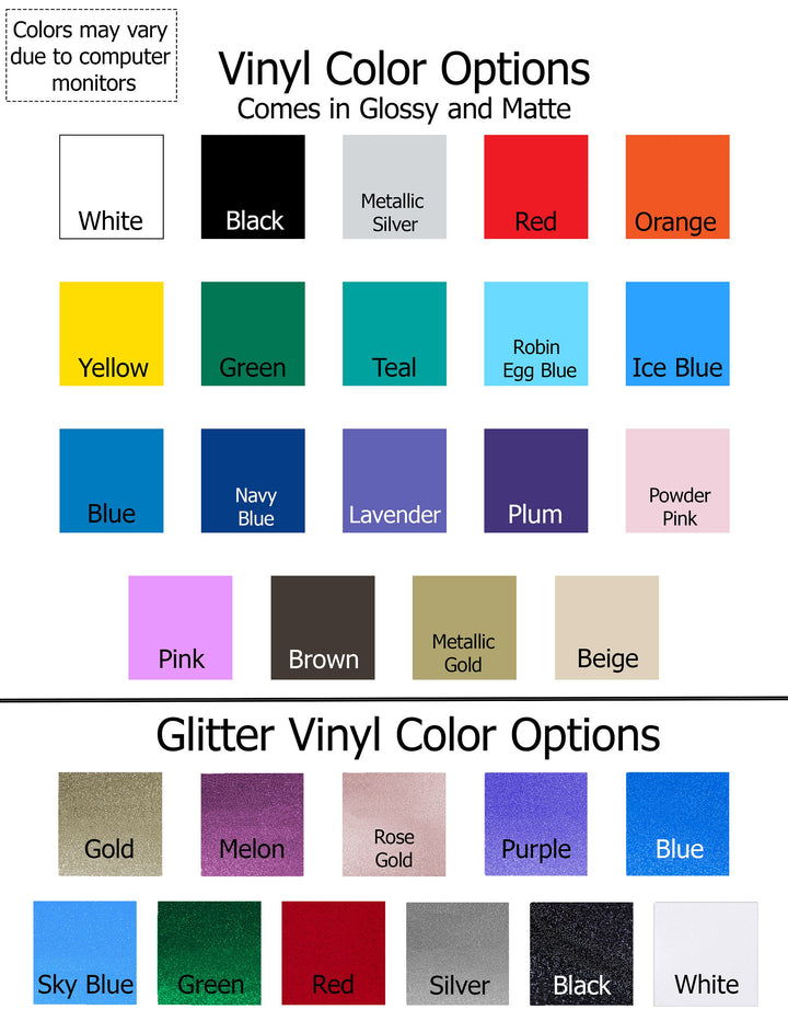 a variety of colorful vinyl color options, including glitter and matte finishes, as well as a range of glitter and matte colors.