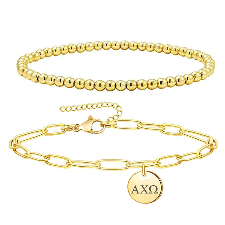 Alpha Chi Omega Paperclip and Beaded Bracelet Gold Filled