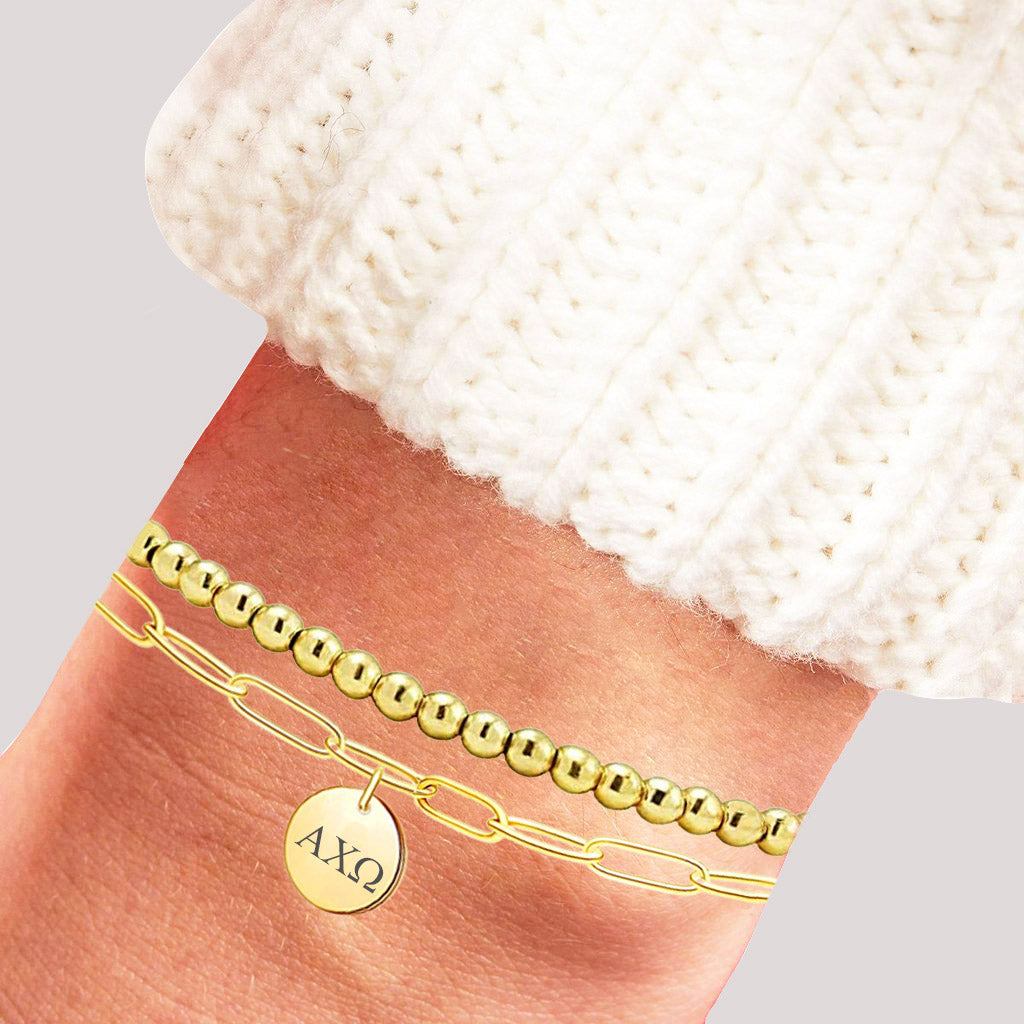 Alpha Chi Omega Paperclip and Beaded Bracelet Gold Filled