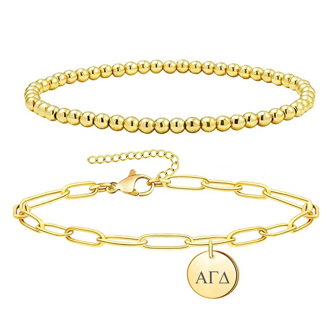 Alpha Gamma Delta Paperclip and Beaded Bracelet Gold Filled