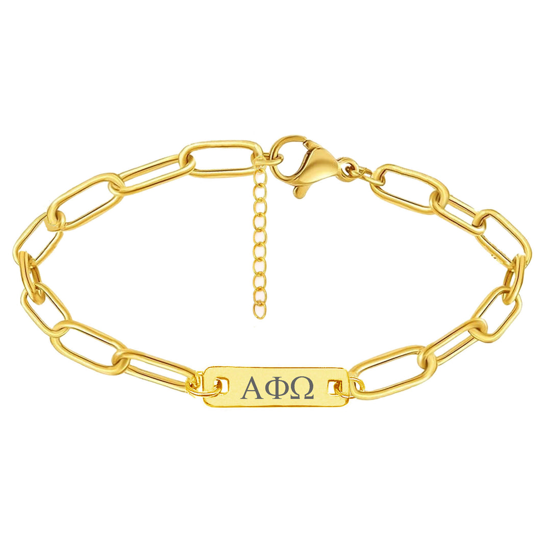 Alpha Phi Omega Bar Paperclip Bracelet, Sorority Bar Paperclip Bracelet Gold Filled over Stainless Steel