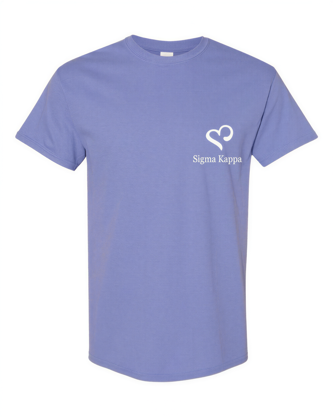 A light purple t-shirt with a white heart symbol and text on the left side.