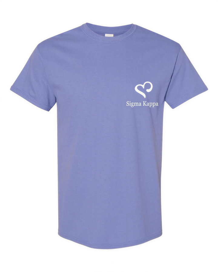 A light purple t-shirt with a white heart symbol and text on the left side.